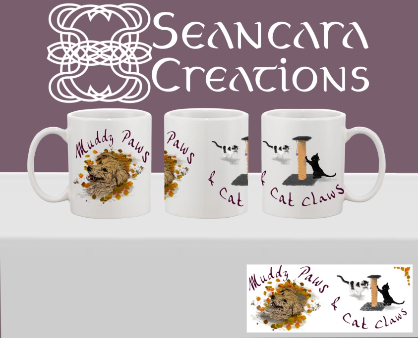 Muddy Paws & Cat Claws Printed mug with quote "Muddy Paws & Cat Claws" with a Golden Retriever in autumn leaves and tabby cat and a black cat at a scratch post.