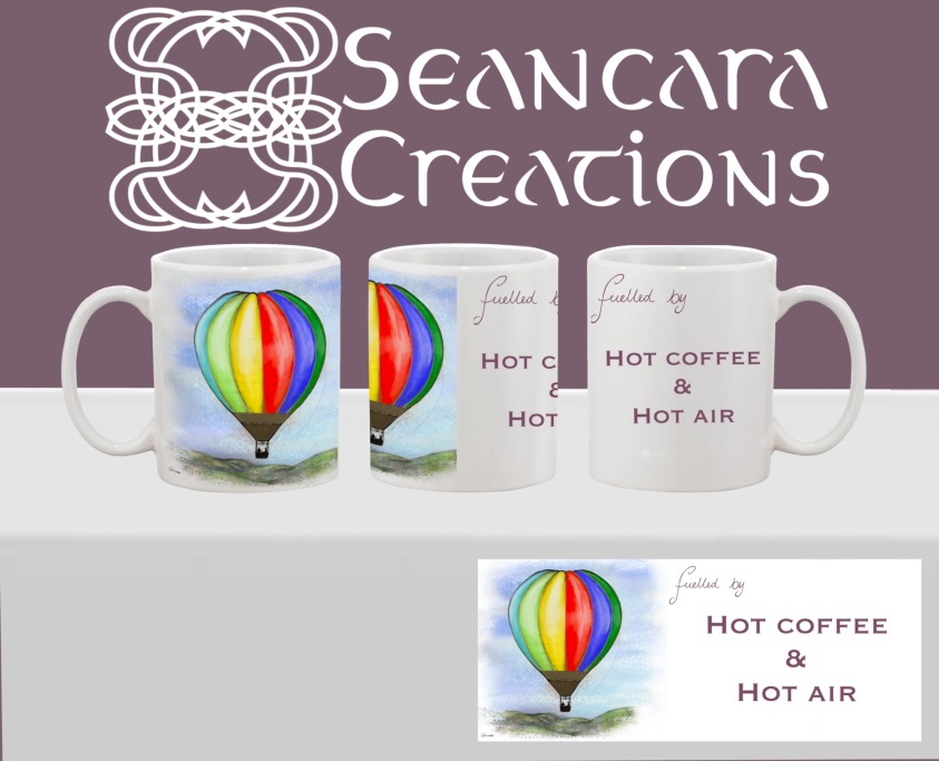 Hot Air Balloon - Multi-coloured Vertical Stripes Printed mug with hand drawn multi-coloured vertical striped hot air balloon flying above the hills & a personalised message to the right