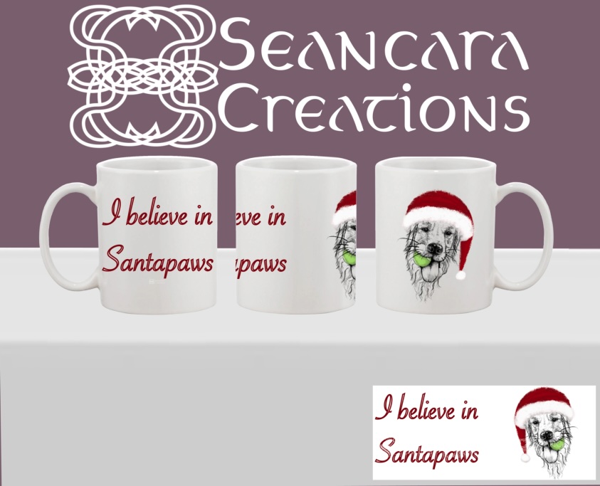 Enzo Believes in Santapaws Printed mug with quote "I believe in Santapaws" a pencil style drawing of Enzo the Golden Retriever, with a Red Christmas Hat & tennis ball