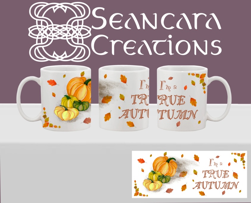 Pumpkin Spice and ALL things nice Printed Mug with a pile of pumpkins and a quote "I'm a True Autumn"