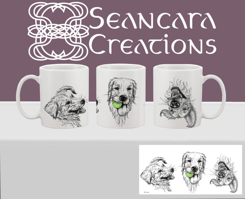 Playful Golden Retriever Printed mug displaying three beautiful black and white pencil drawing of a golden retriever. One with a coloured tennis ball in their mouth.
