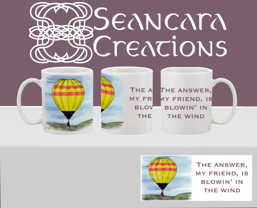 Yellow Hopper - Blowin' in the wind Printed mug with hand drawn yellow Hopper balloon flying above field with a Beatles song quote.