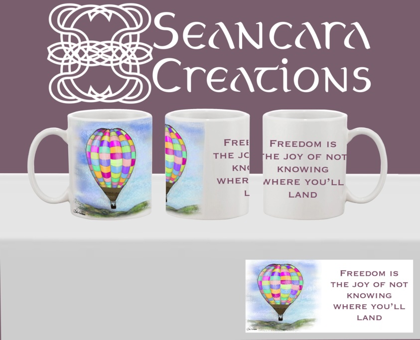 Patchwork Hot Air Balloon Printed mug with hand drawn colourful patch work hot air balloon flying above the hills & a personalised quote or name inserted to the right