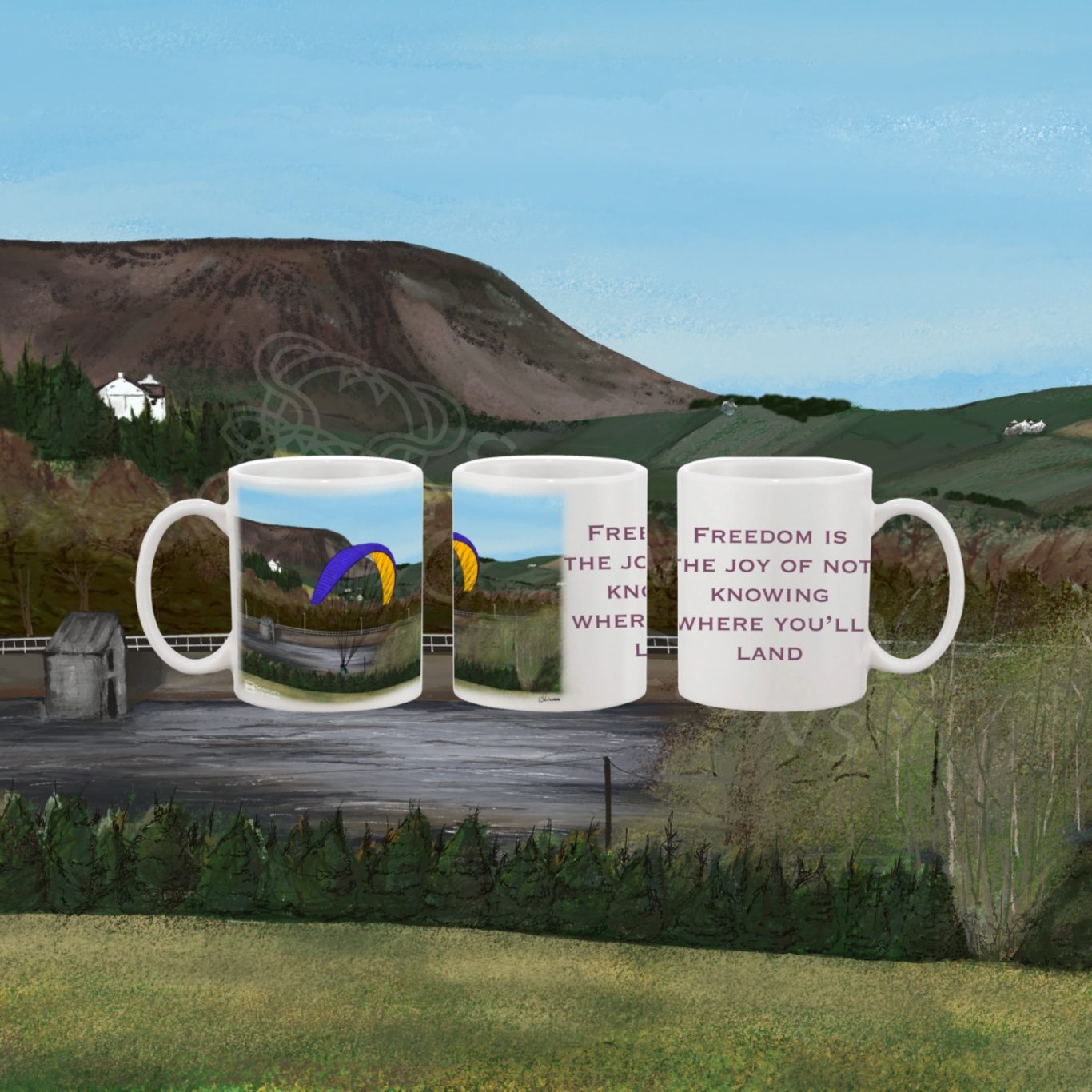 A mug displaying a detailed drawing of Pendle Hill and Paraglider with the quote "Freedom is the joy of not knowing where you'll land"