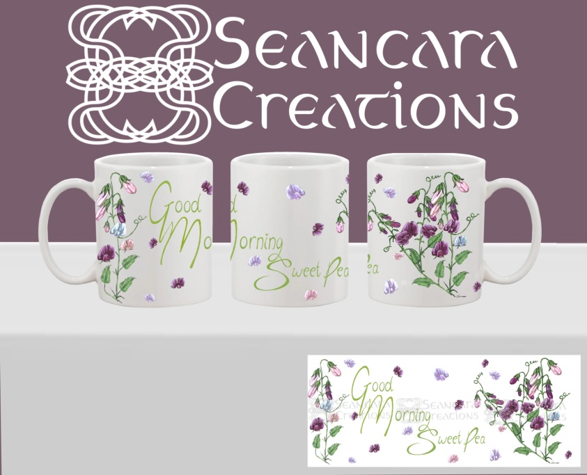 Spring - Good morning Sweet Pea Printed mug with a pile of artistically drawn sweet pea flowers with the caption "Good Morning Sweet Pea"